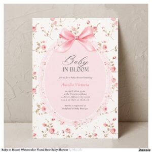 Baby in Bloom Watercolor Floral Bow Baby Shower Invitation