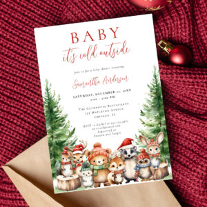 Baby it's cold outside winter woodland baby shower invitation