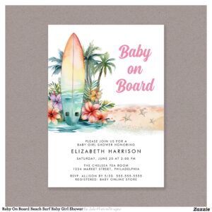 Baby On Board Beach Surf Baby Girl Shower Invitation
