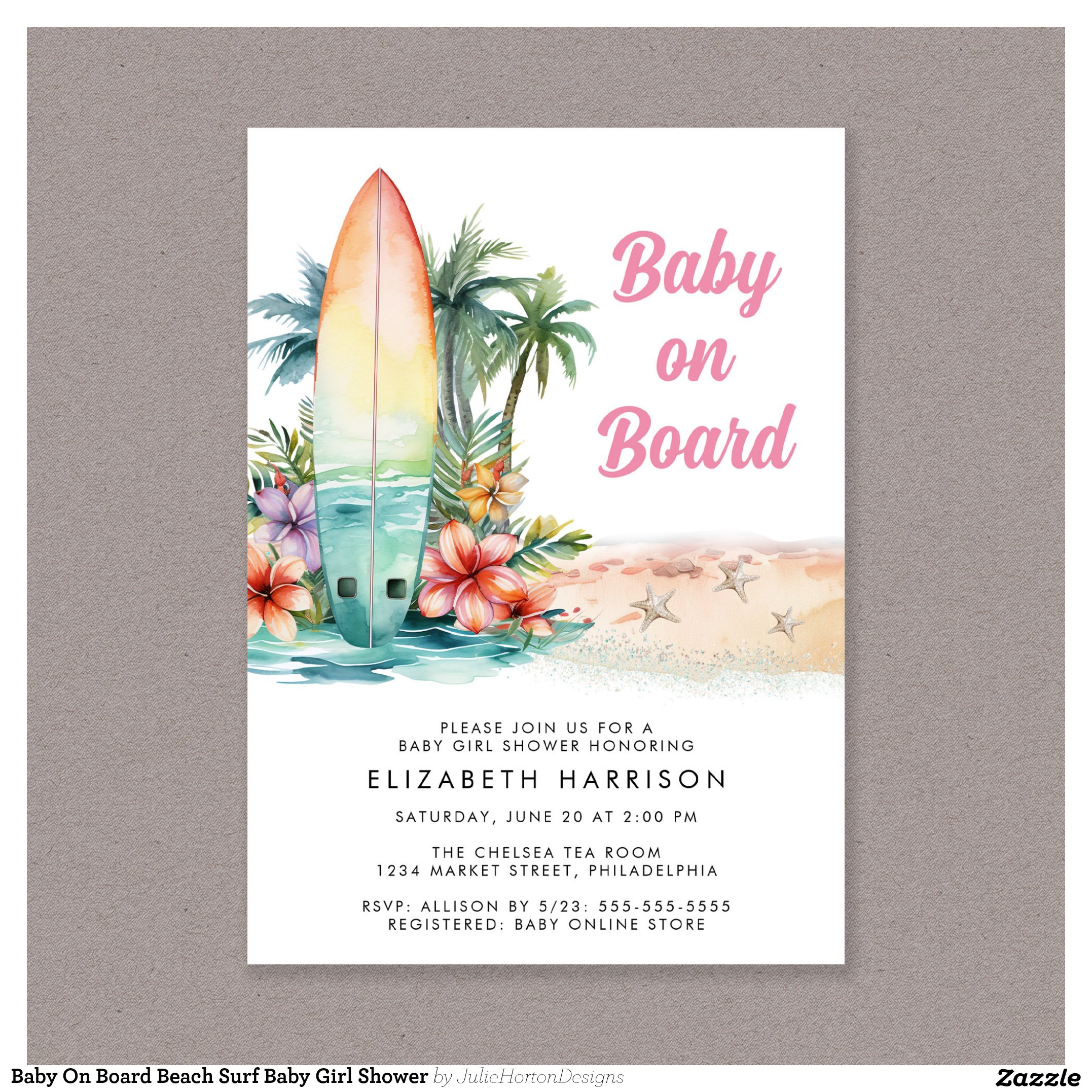 Baby On Board Beach Surf Baby Girl Shower Invitation