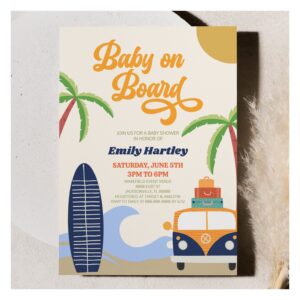 Baby On Board Beach Surf Blue Retro Baby Shower Invitation