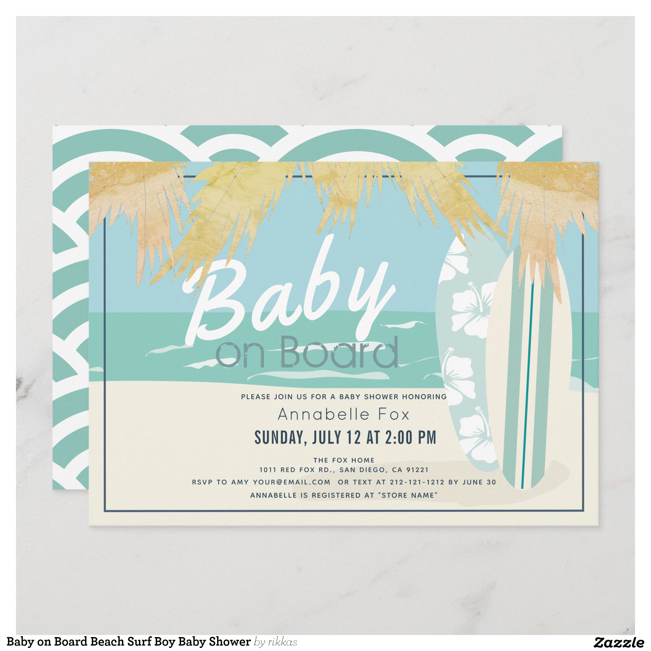 Baby on Board Beach Surf Boy Baby Shower Invitation