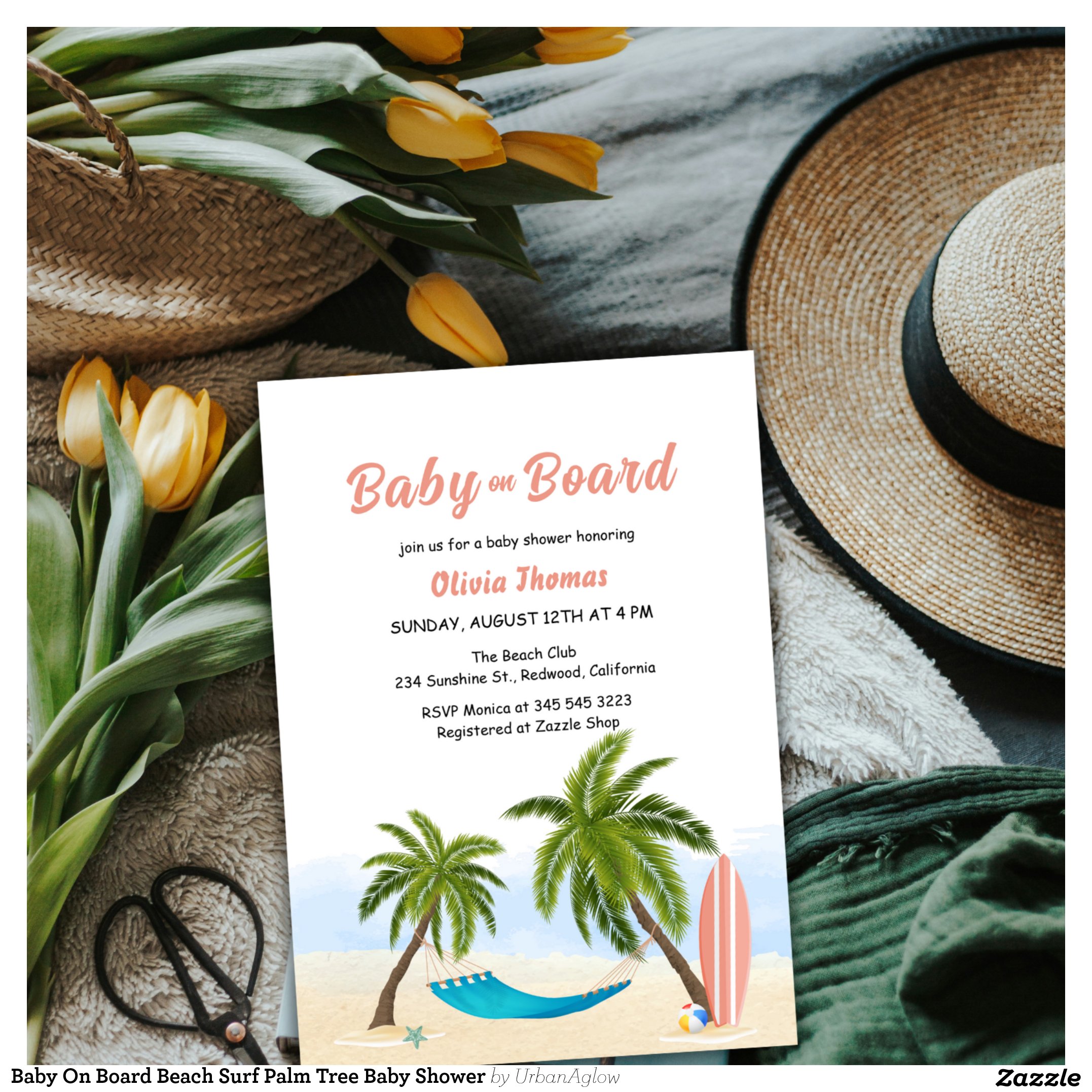 Baby On Board Beach Surf Palm Tree Baby Shower Invitation