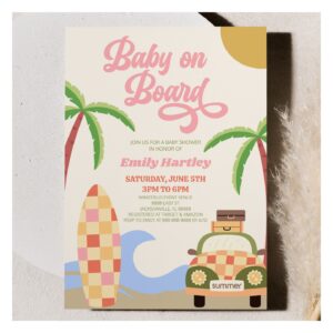 Baby On Board Beach Surf Pink Retro Baby Shower Invitation