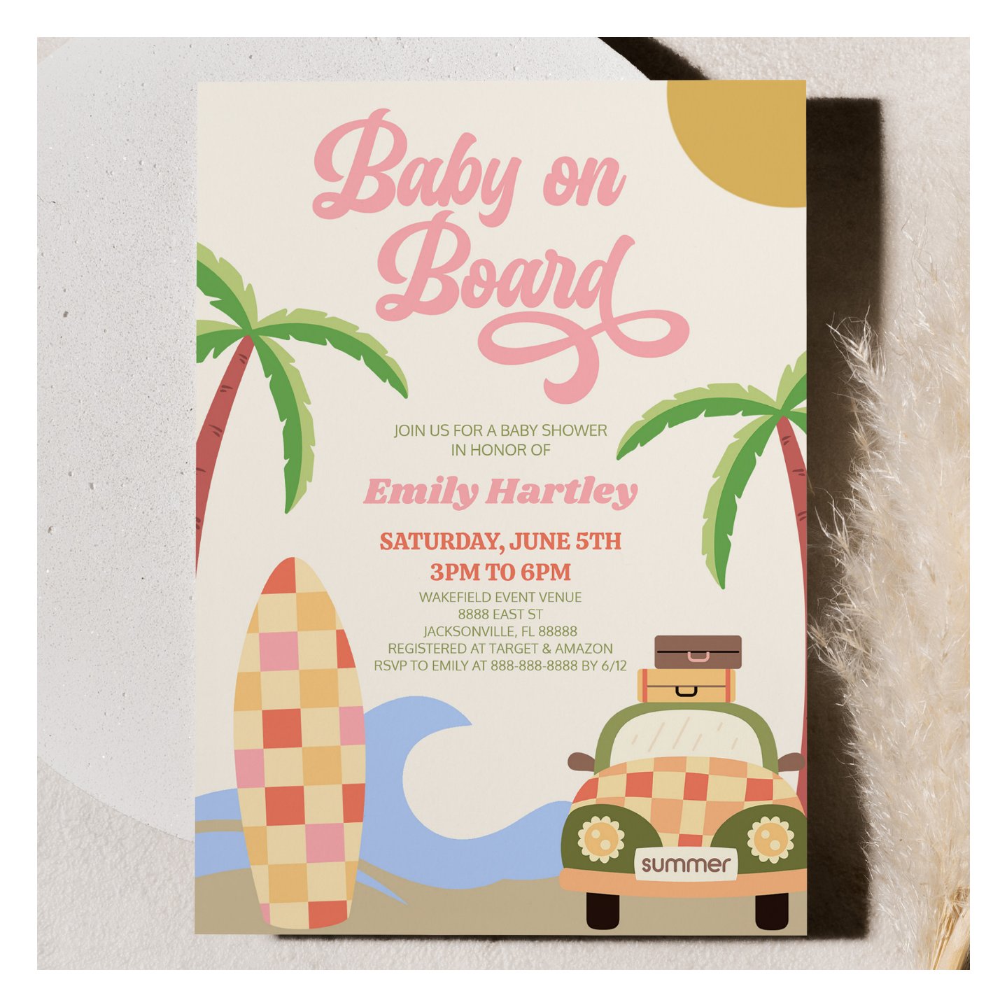 Baby On Board Beach Surf Pink Retro Baby Shower Invitation
