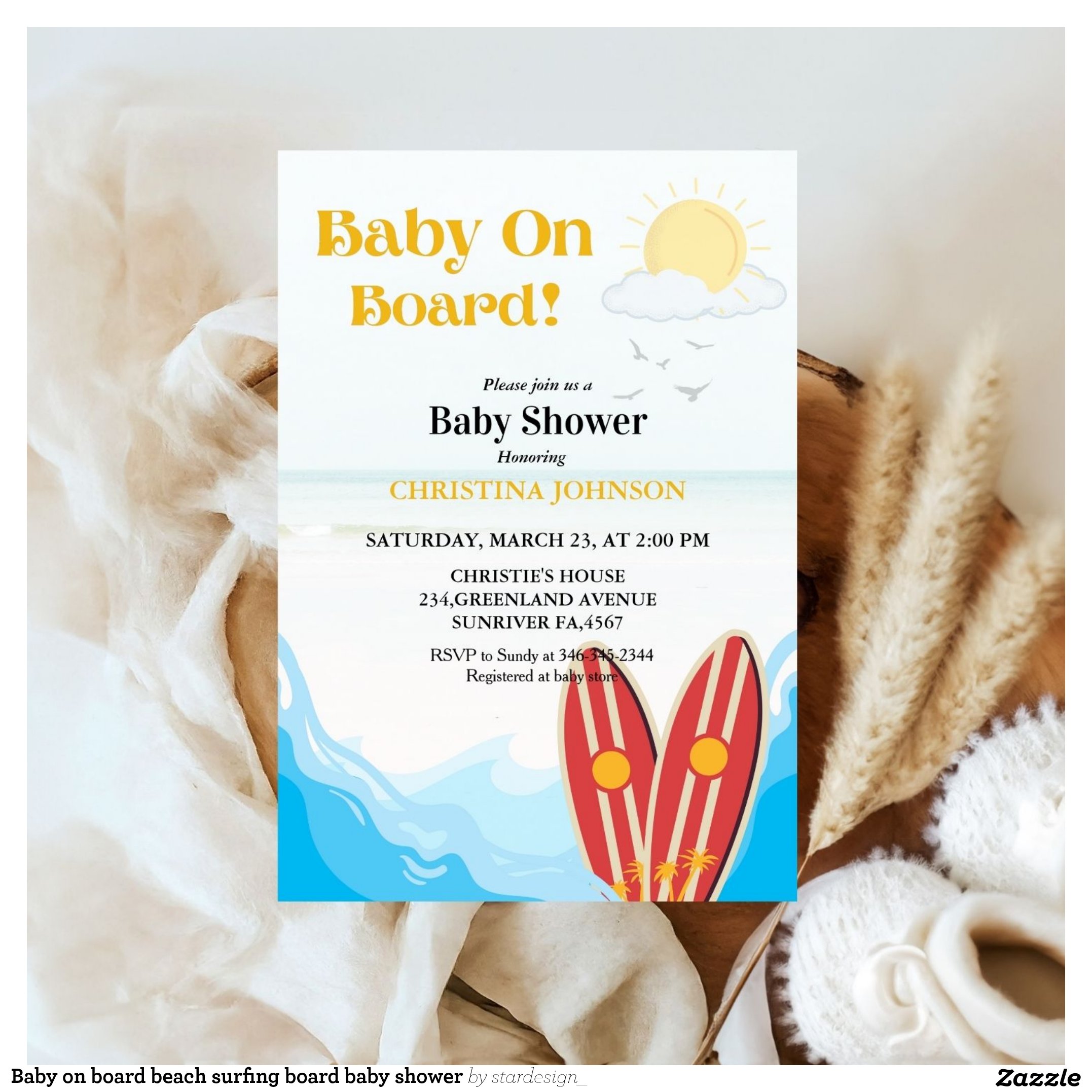Baby on board beach surfing board baby shower invitation
