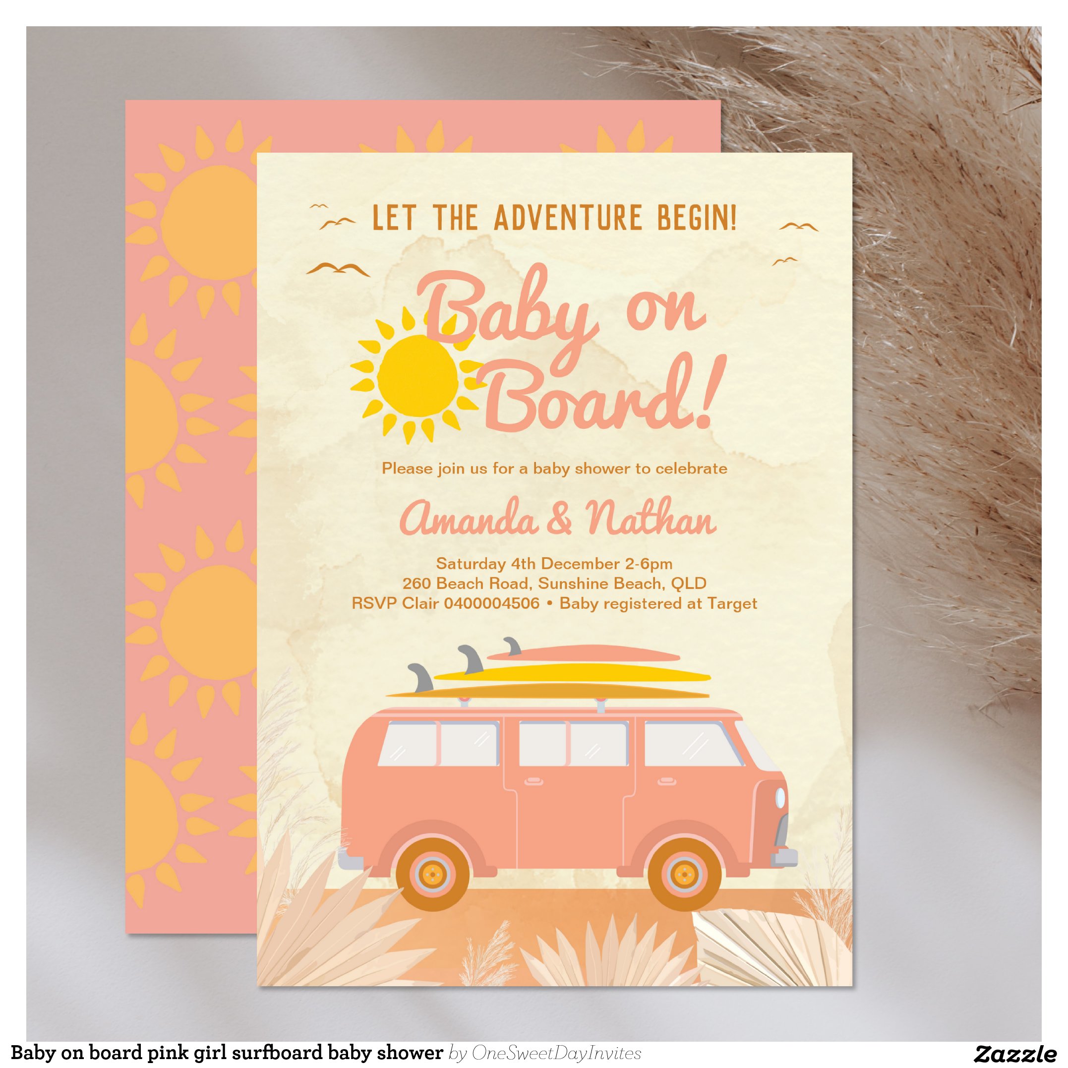 Baby on board pink girl surfboard baby shower invitation