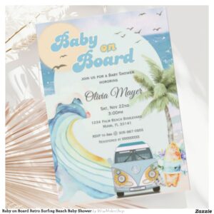 Baby on Board Retro Surfing Beach Baby Shower Invitation