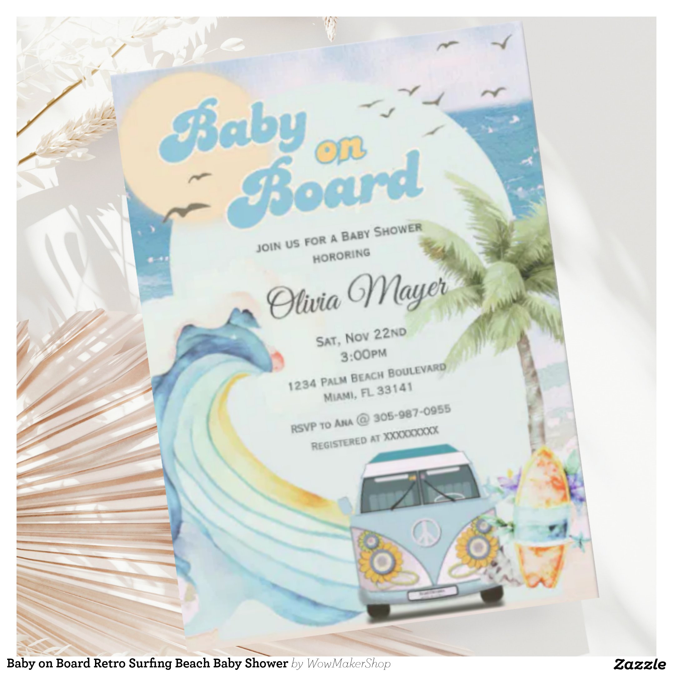 Baby on Board Retro Surfing Beach Baby Shower Invitation