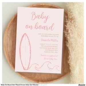 Baby On Board Surf Hand Drawn Baby Girl Shower Invitation