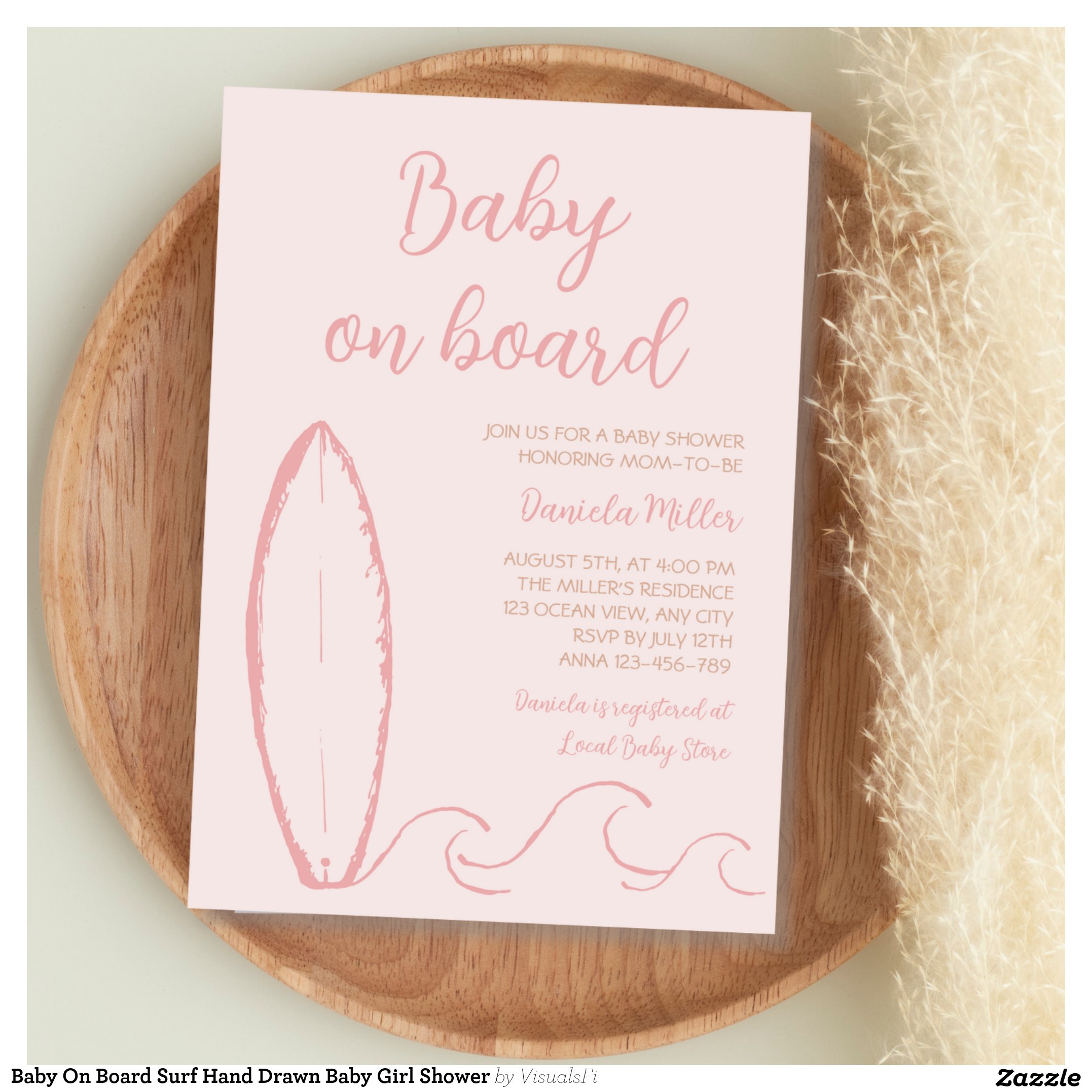Baby On Board Surf Hand Drawn Baby Girl Shower Invitation