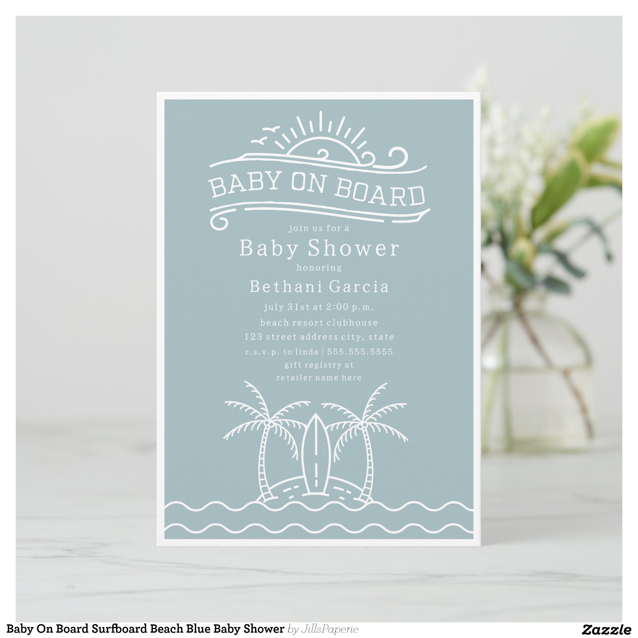 Baby On Board Surfboard Beach Blue Baby Shower Invitation