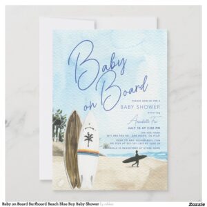 Baby on Board Surfboard Beach Blue Boy Baby Shower Invitation