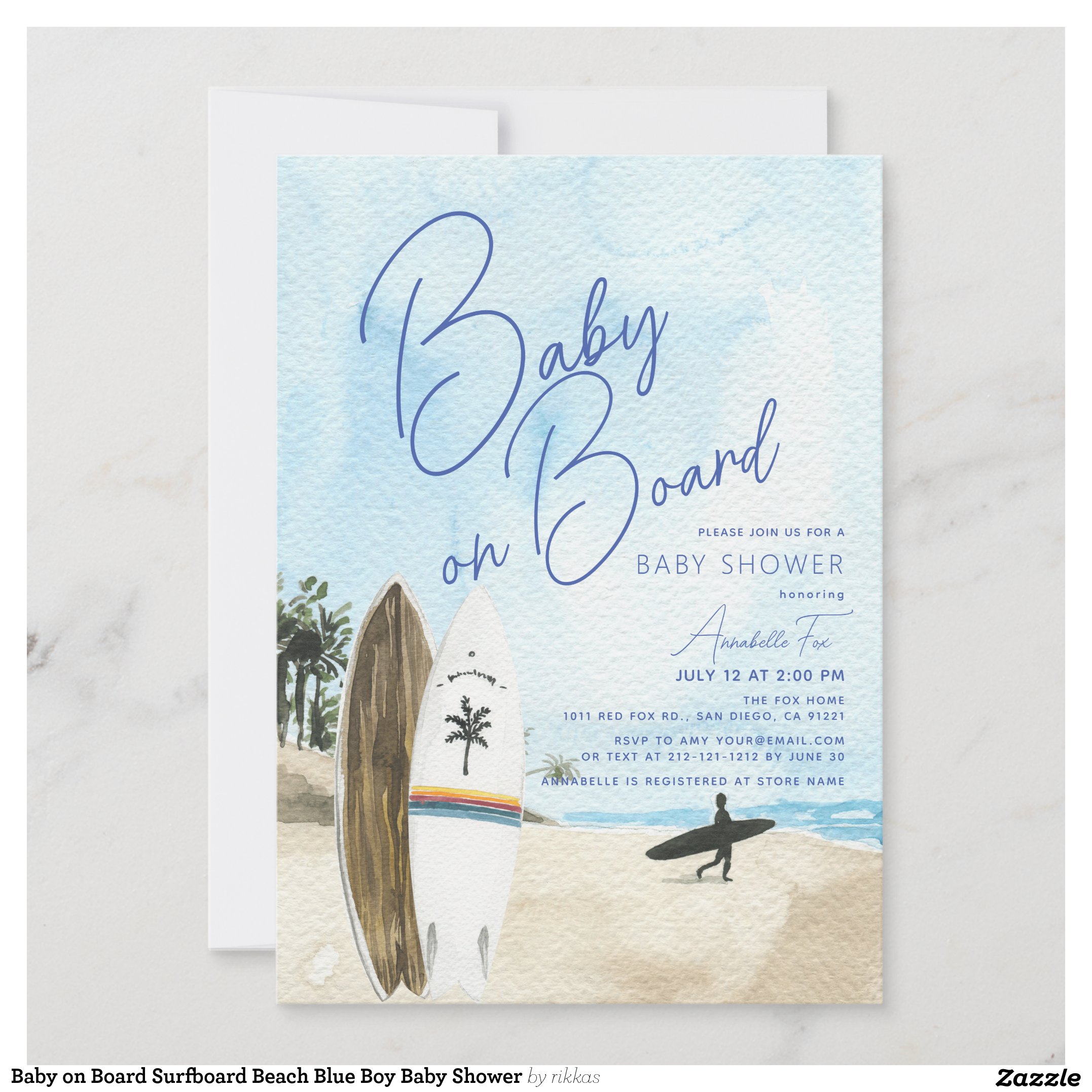 Baby on Board Surfboard Beach Blue Boy Baby Shower Invitation