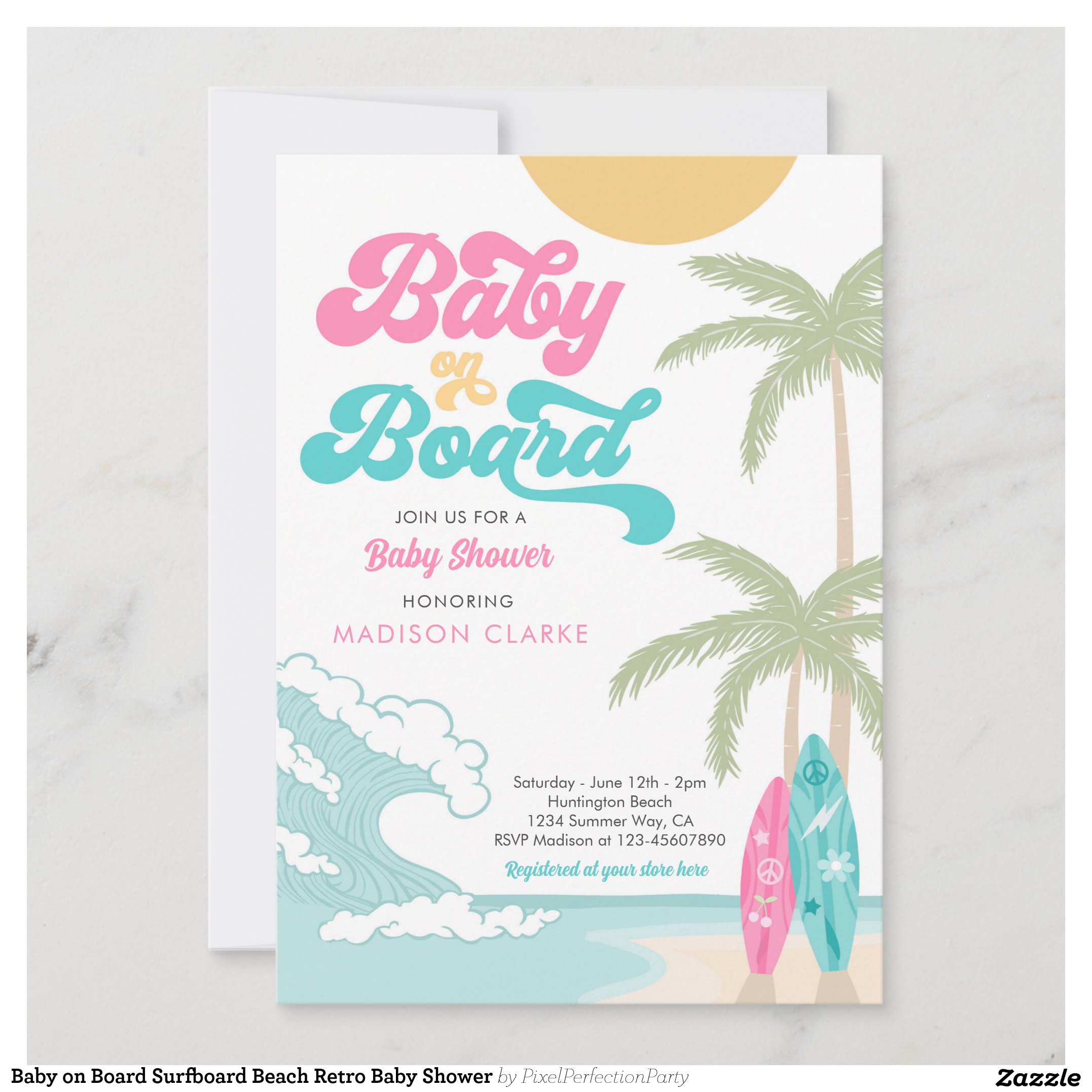 Baby on Board Surfboard Beach Retro Baby Shower Invitation