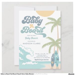 Baby on Board Surfboard Beach Retro Baby Shower Invitation