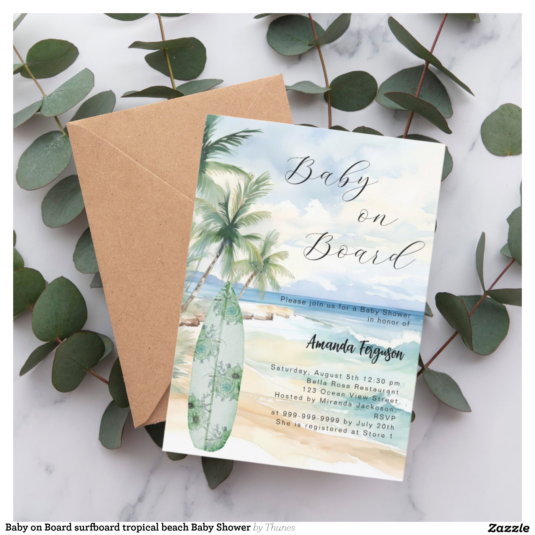 Baby on Board surfboard tropical beach Baby Shower Invitation
