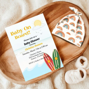 Baby on board surfing beach baby shower invitation