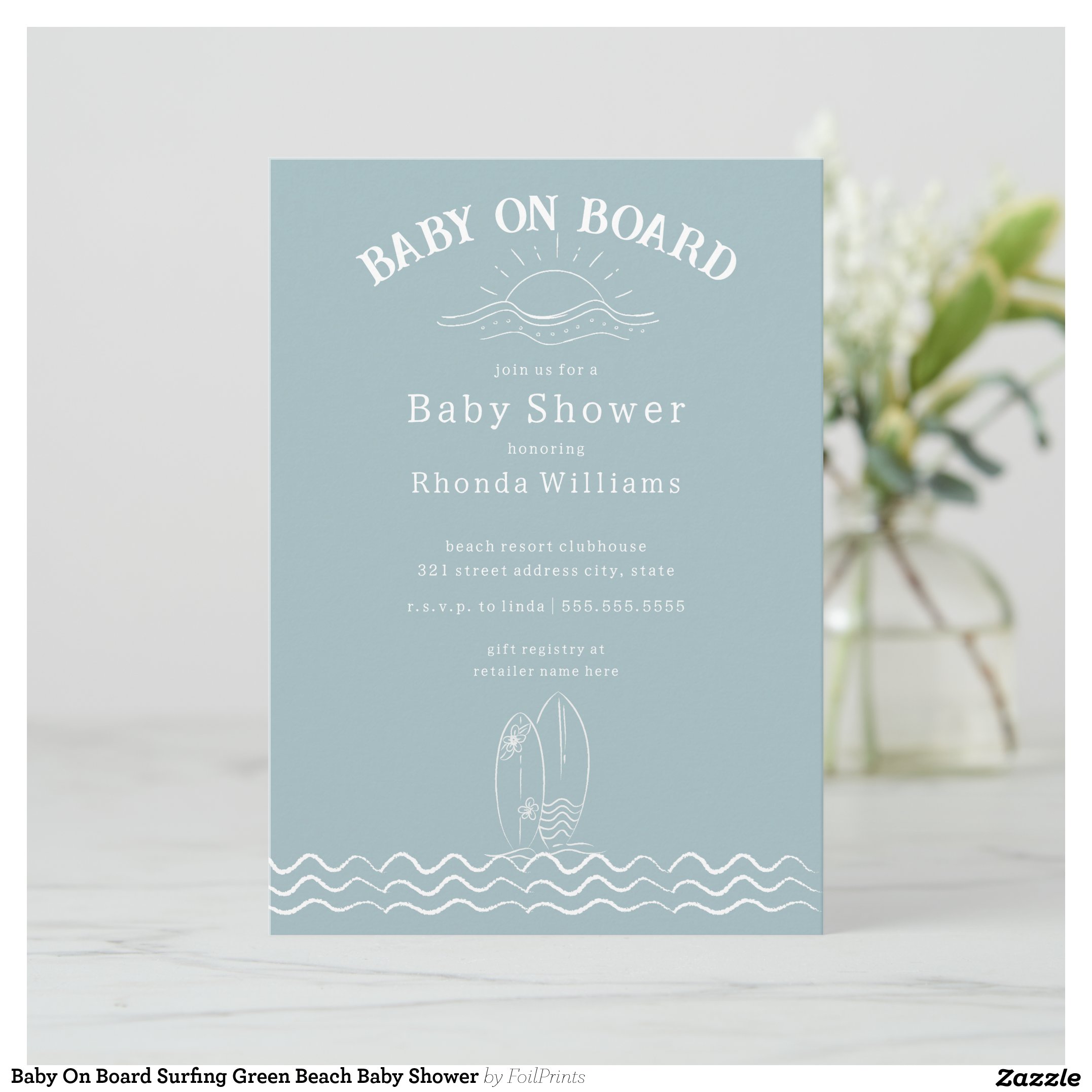 Baby On Board Surfing Green Beach Baby Shower Invitation