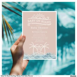 Baby On Board Surfing Waves Pink Baby Shower Invitation