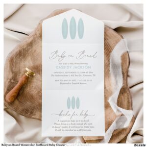 Baby on Board Watercolor Surfboard Baby Shower All In One Invitation