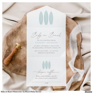 Baby on Board Watercolor Surfboard Baby Shower All In One Invitation