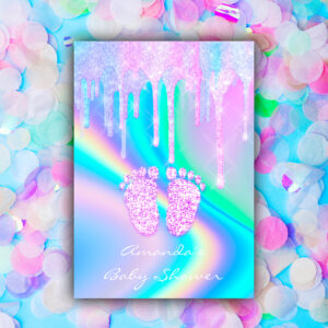 Baby Shower Girly Feet Glitter Drips Unicorn Holog Invitation