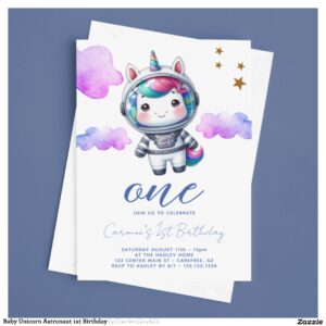 Baby Unicorn Astronaut 1st Birthday Invitation