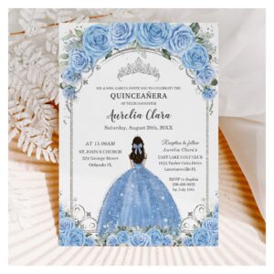 Bahama Sky Blue Floral Dress Silver Quincea?era Invitation