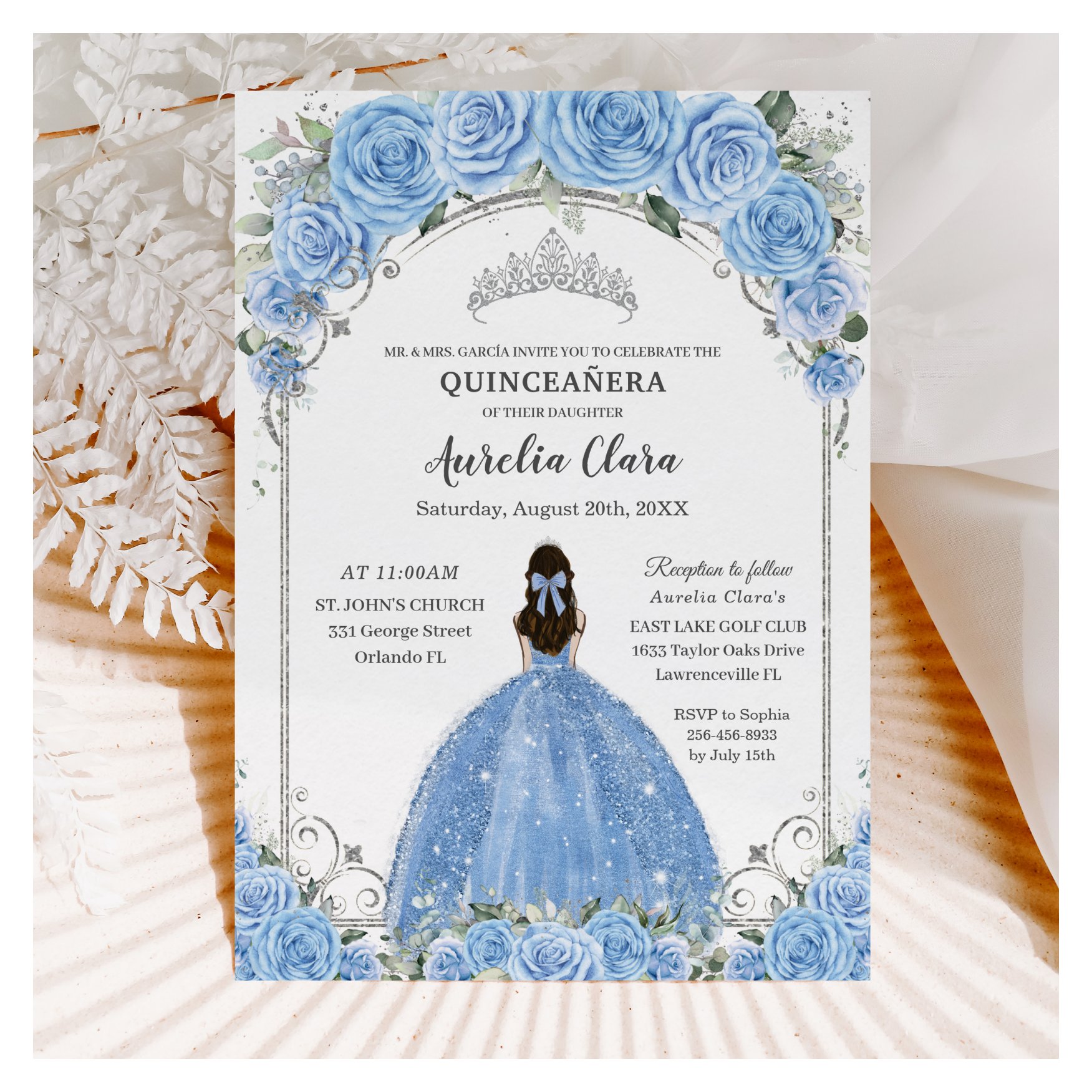 Bahama Sky Blue Floral Dress Silver Quincea?era Invitation