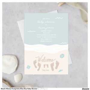 Beach Waves Footprints Blue Boy Baby Shower Invitation
