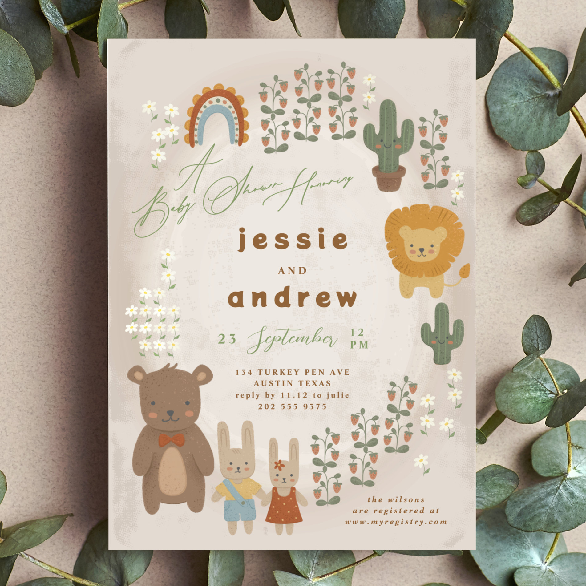 bear bunny lion cactus woodland unisex Baby Shower Invitation