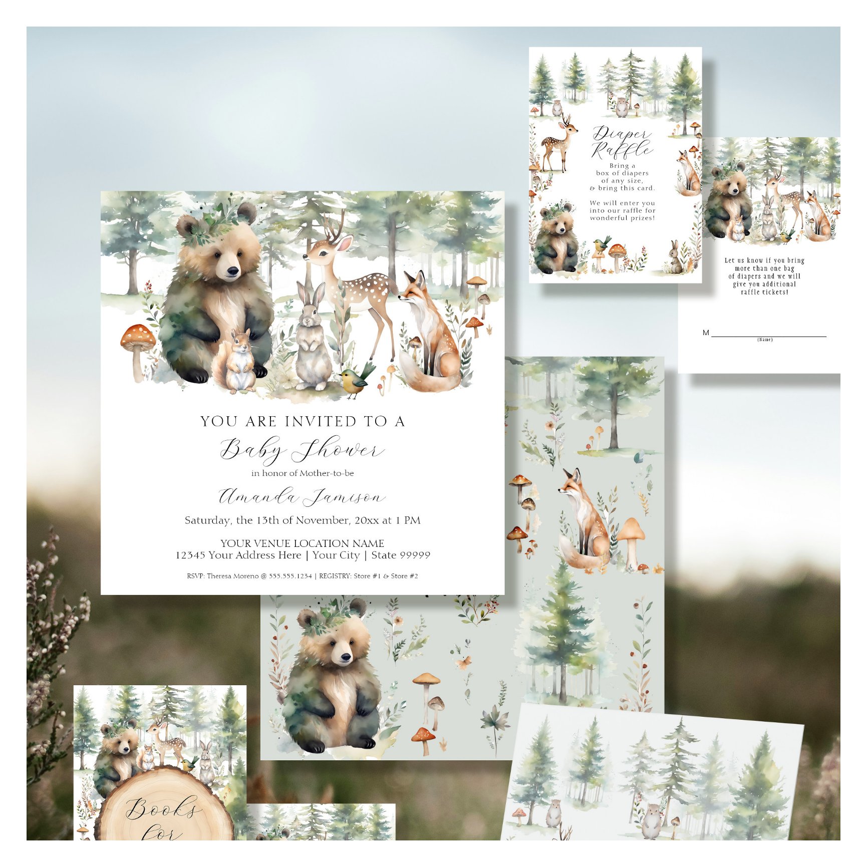Bear Deer Squirrel Forest Cute Animals Baby Shower Invitation