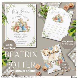 Beatrix Potter Peter Rabbit Green Baby Shower Invitation