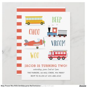 Beep Vroom Woo Kid's birthday party Red Invitation