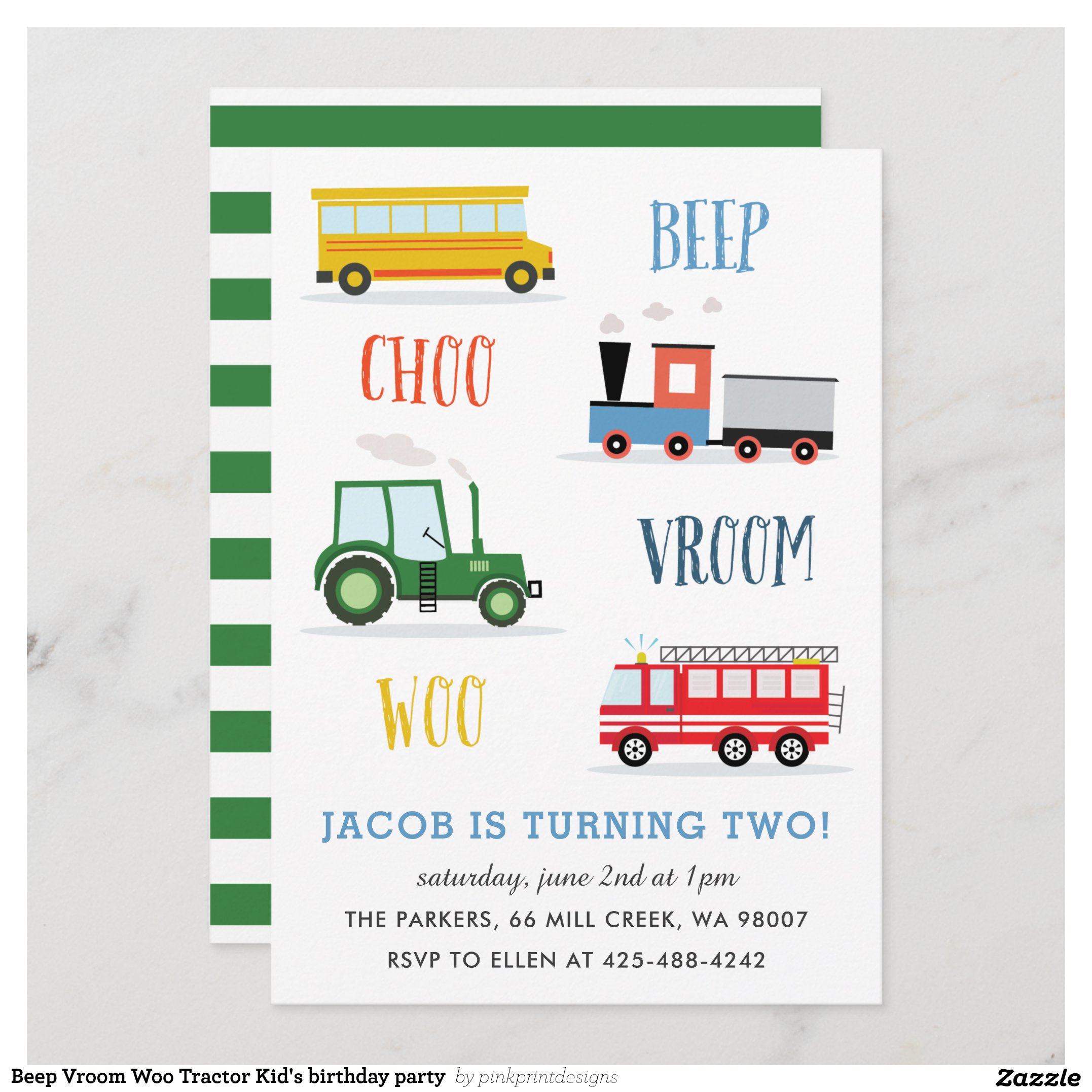 Beep Vroom Woo Tractor Kid's birthday party Invitation