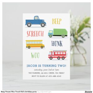 Beep Vroom Woo Truck Kid's birthday party Invitation