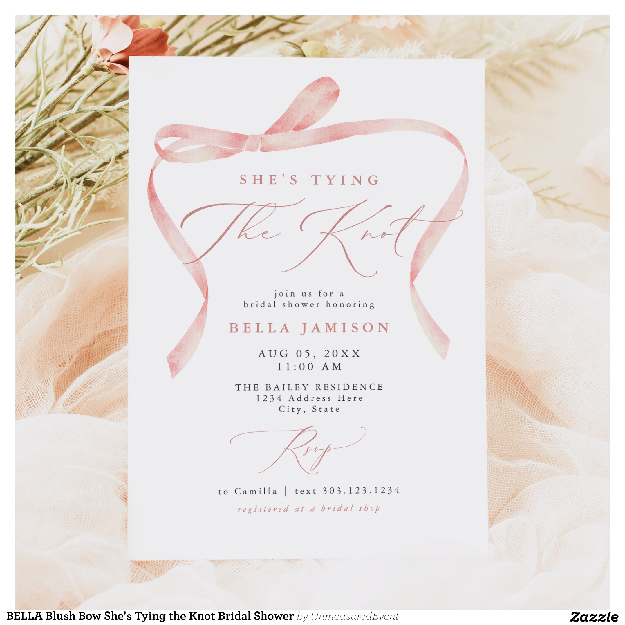 BELLA Blush Bow She's Tying the Knot Bridal Shower Invitation