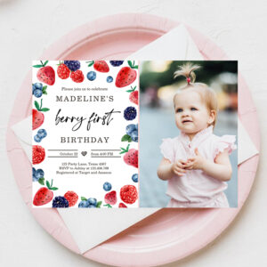 Berry First 1st Strawberry Raspberry Birthday Invitation