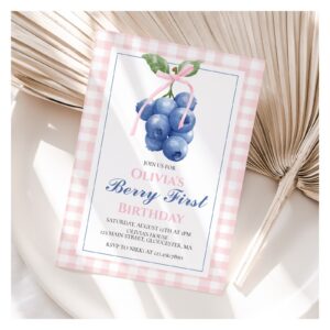 Berry First Blueberry Pink Bow Coquette birthday Invitation