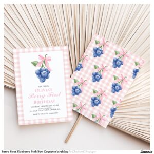 Berry First Blueberry Pink Bow Coquette birthday Invitation