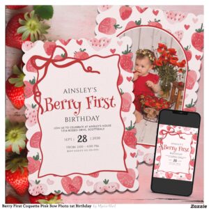 Berry First Coquette Pink Bow Photo 1st Birthday Invitation