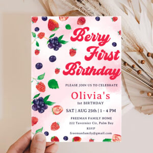 Berry First Cute Strawberry 1st Birthday Invitation