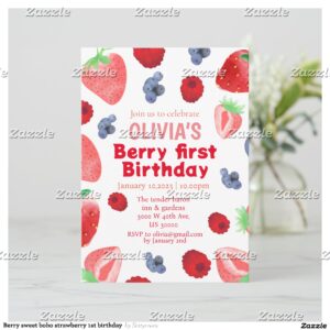 Berry sweet boho strawberry 1st birthday invitation