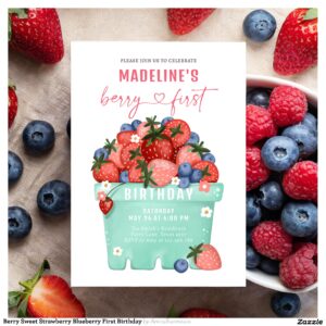 Berry Sweet Strawberry Blueberry First Birthday Invitation