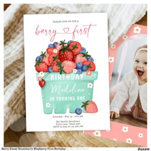 Berry Sweet Strawberry Blueberry First Birthday Invitation