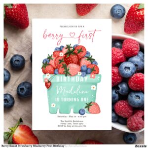 Berry Sweet Strawberry Blueberry First Birthday Invitation