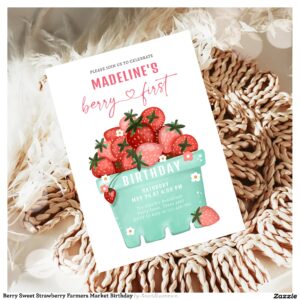 Berry Sweet Strawberry Farmers Market Birthday Invitation