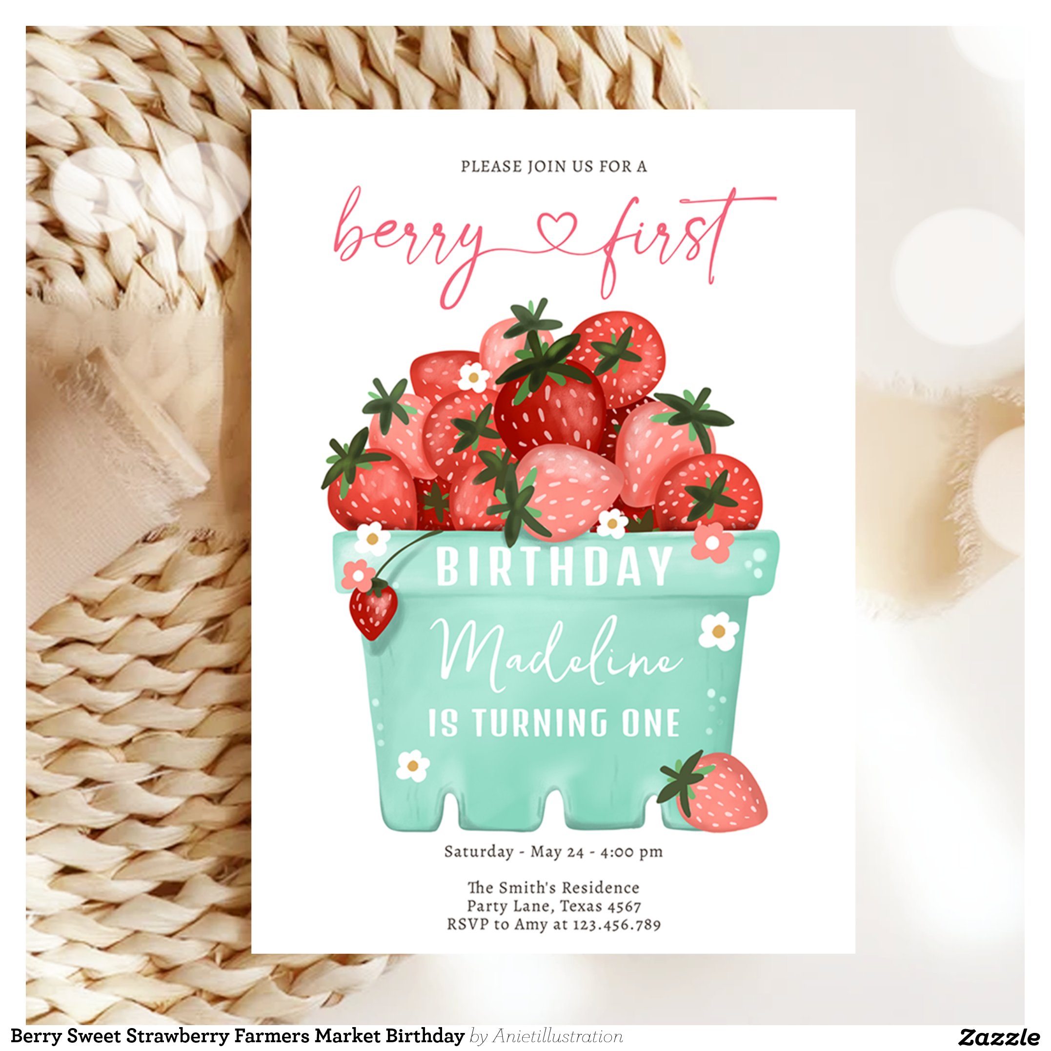 Berry Sweet Strawberry Farmers Market Birthday Invitation