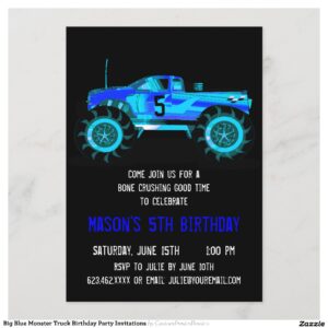 Big Blue Monster Truck Birthday Party Invitations
